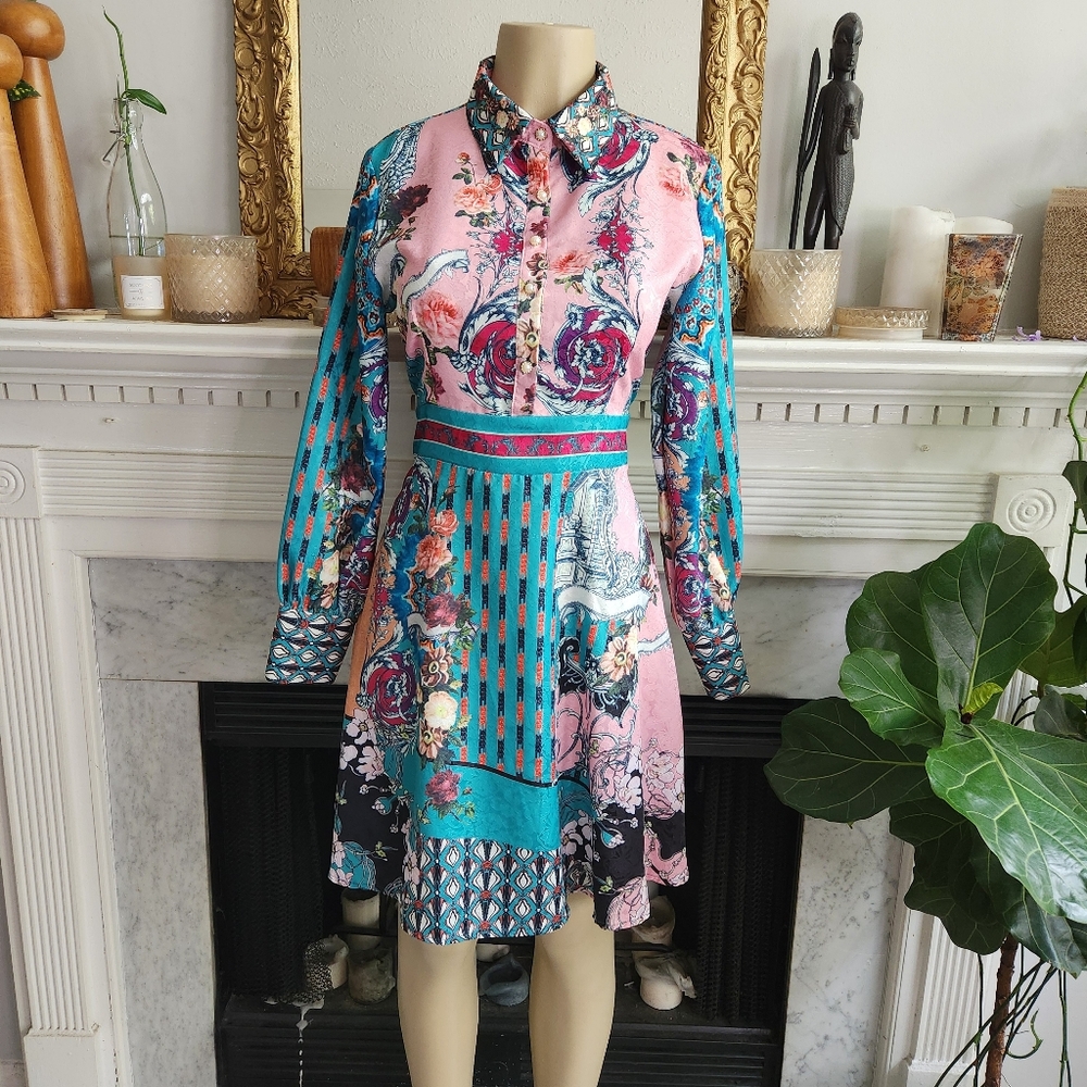 Dalia MacPhee Green Pink Floral Dress Size M Jacquard Bohemian Retro Patchwork - Picture 2 of 10